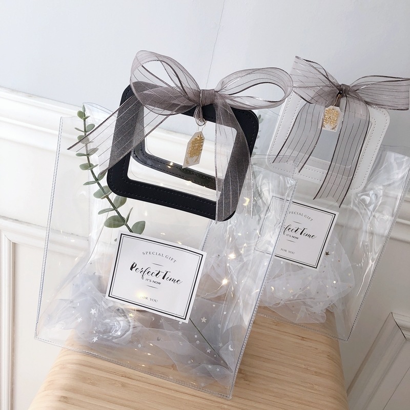 Transparent PVC Tote Bag with Glitter Laser Effect Teacher's Day Gift Plastic Bag Cosmetics Jelly Packaging Black and White