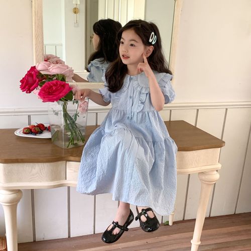 Elmo Beibei Children's Skirt Summer Medium and Large Girls Cotton Embossed Doll Large Lapel Princess Dress