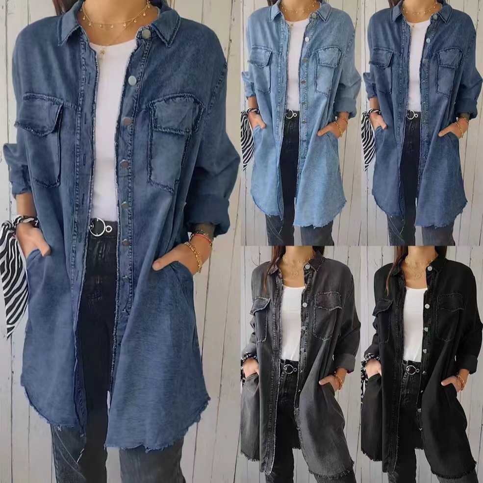 455g Weight Women's Streetwear Solid Color Single Breasted Coat Denim Jacket