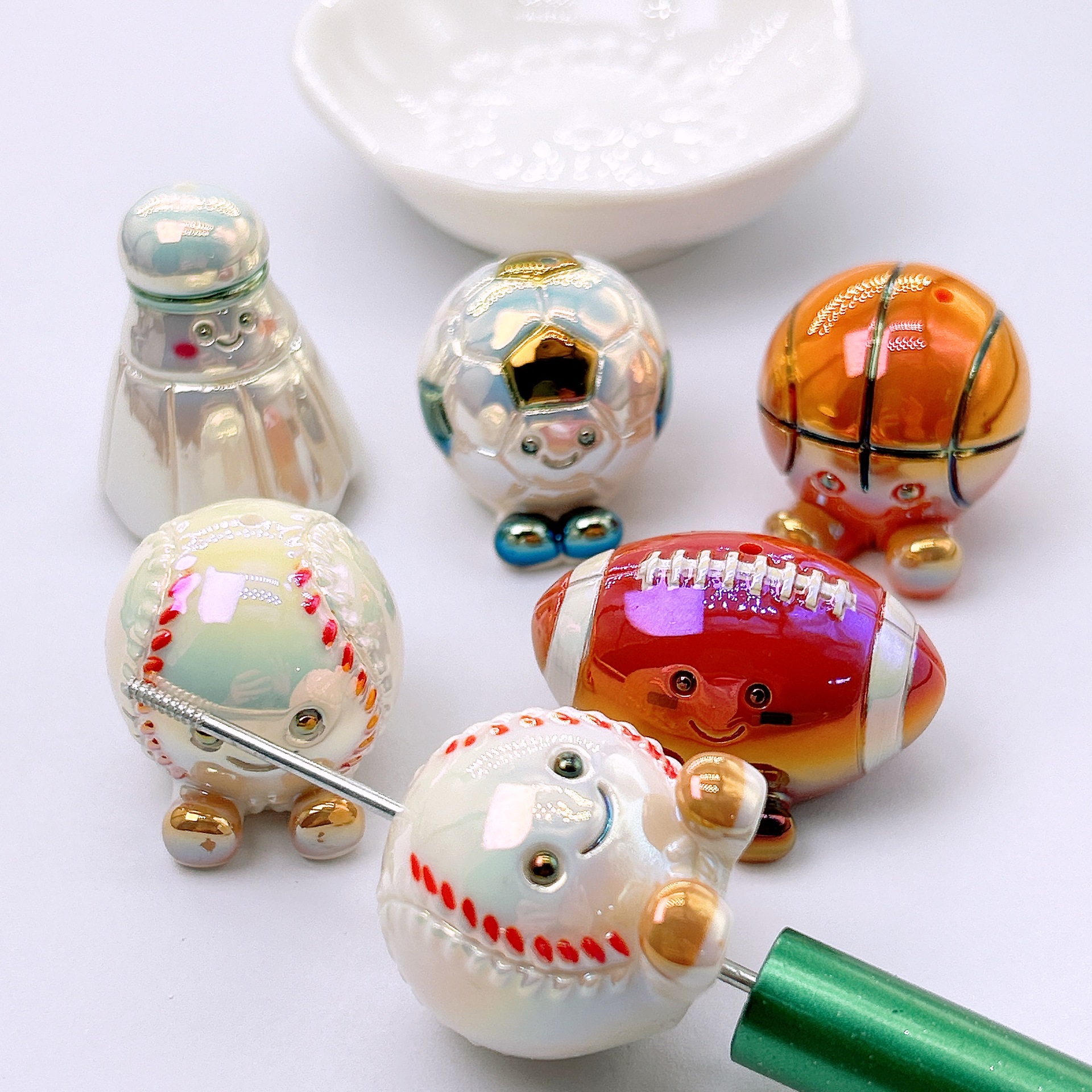 Resin Vertical Hole Artificial Ball Football Basketball Rugby Baseball with Hole Beads DIY Bag Hanging Key Chain Accessories