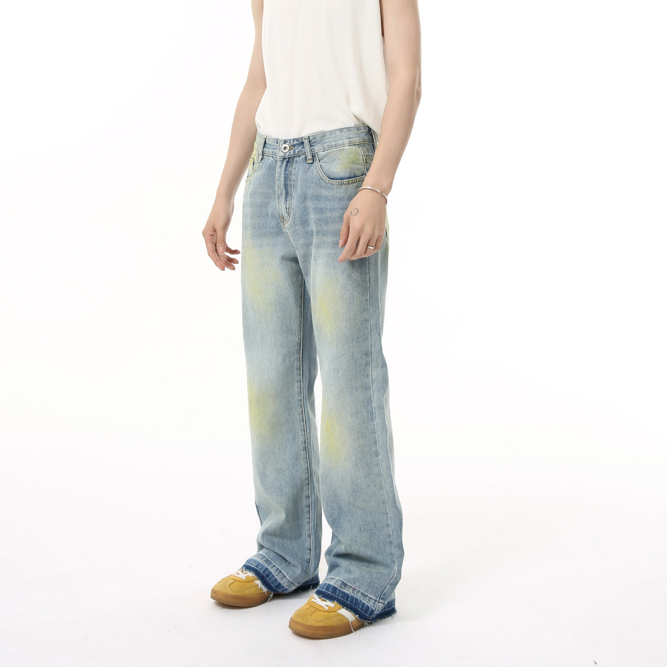 Men's Clothing Korean Street Style Distressed Tie Dye Cleanfit All Match Slightly Flared Washed Jeans Trend_mkmklike.com