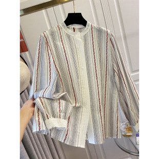 Early spring new age-reducing floral striped long-sleeved shirt top women's large size loose niche sweet shirt trendy