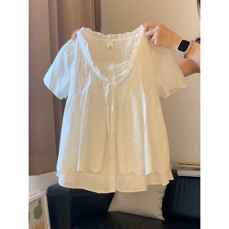 French-Style Chic Lace-Up Faux Two-Piece Short-Sleeve Shirt for Women, Summer Sweet and Youthful Doll-Style Top