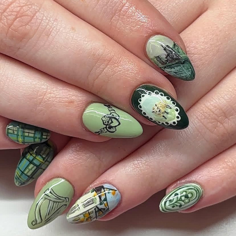 Forest-Style Hand-Painted Wearable Nails, Green-Toned Long Almond-Shaped Fake Nails, Niche Illustration Nail Art Stickers, Atmospheric Art Forest-Style Hand-Painted Wearable Nails, Green-Toned Long Almond-Shaped Fake Nails, Niche Illustration Nail Art Stickers, Atmospheric Art