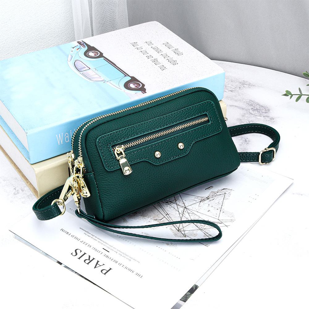 2026 New Motorcycle Style Women's Small Square Bag Top Grain Cowhide Double Zipper Crossbody Bag Multifunctional Clutch - Thumbnail 6