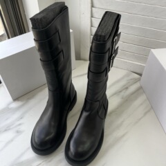 M*6~牛皮版~方头显瘦皮带扣机车靴厚底长筒骑士靴粗跟时装靴女靴