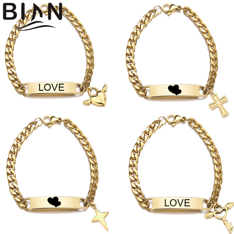 Cross-border new fashion fashion laser lettering love butterfly pendant NK chain bracelet couples stainless steel hand jewelry Cross-border new fashion fashion laser lettering love butterfly pendant NK chain bracelet couples stainless steel hand jewelry