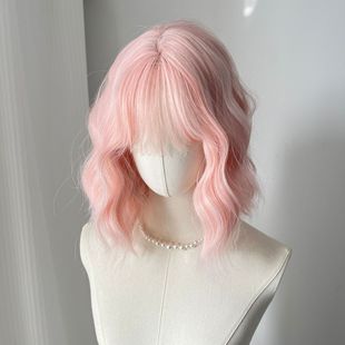 [milk whirring powder] wig female neat bangs short curly hair wool roll egg roll light pink natural full head cover style