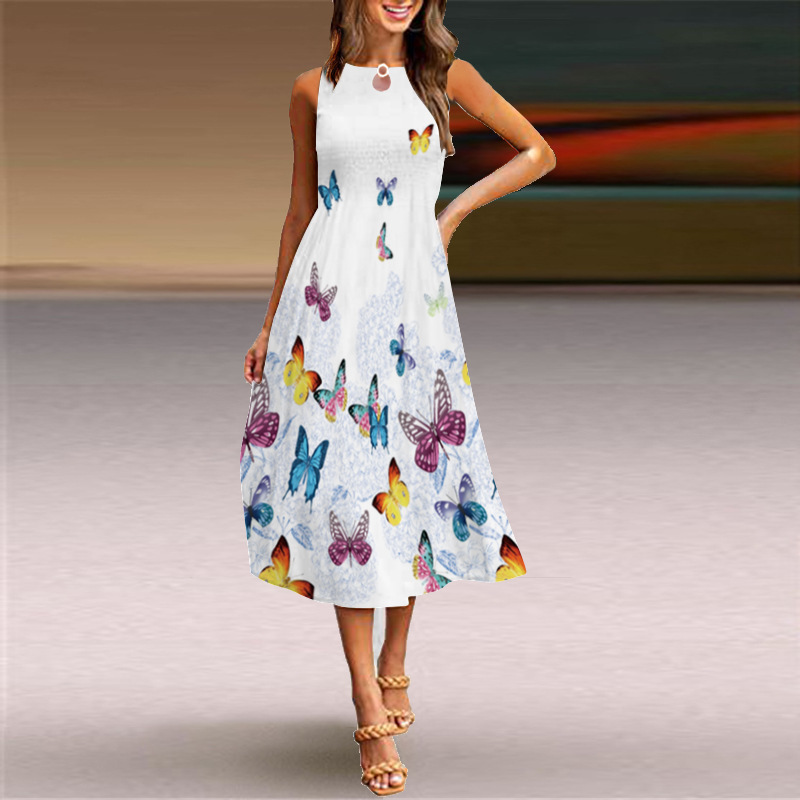 2022 Cross-border European and American Sleepless Long Dress Women's Casual Printed Large Swing Dress Bohemian Beach Long Dress
