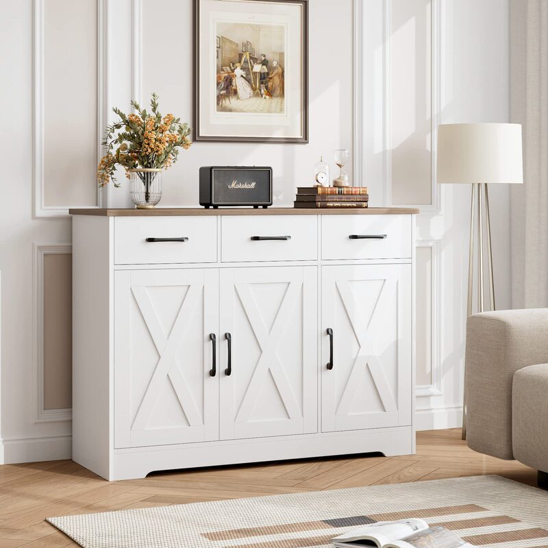Factory hot-selling modern style sideboard, barn door design, with drawers and shelves, wooden coffee bar table Factory hot-selling modern style sideboard, barn door design, with drawers and shelves, wooden coffee bar table