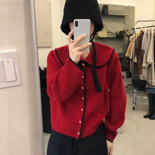 新年紅色娃娃領毛衣外套女2022秋冬新款甜美減齡法式復古針織開衫