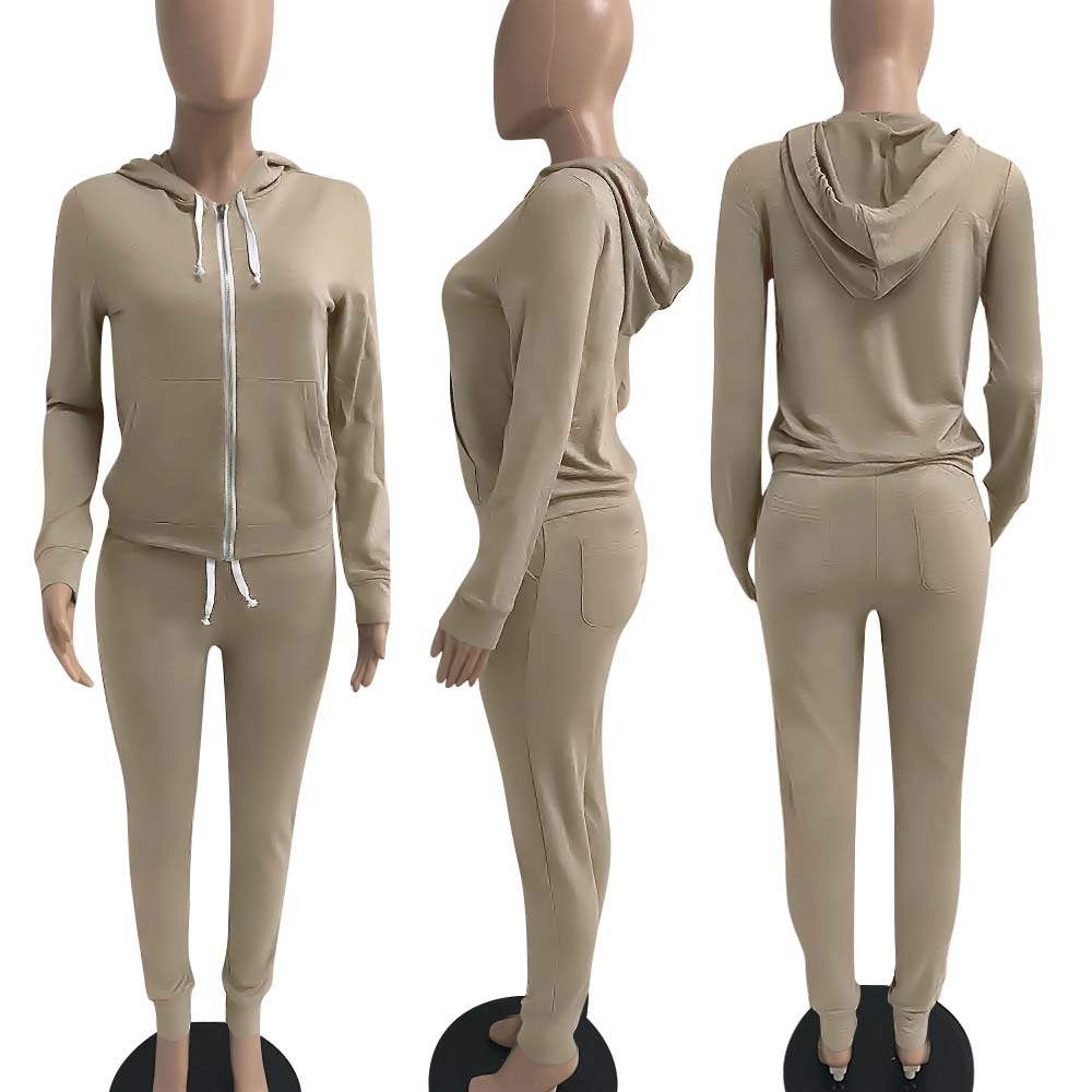 2pcs Sets Drawstring Solid Zipper Hoodies + Slim Pants