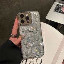 立体银灰镭射蝴蝶适用苹果15promax手机壳iPhone14高级感13全包12