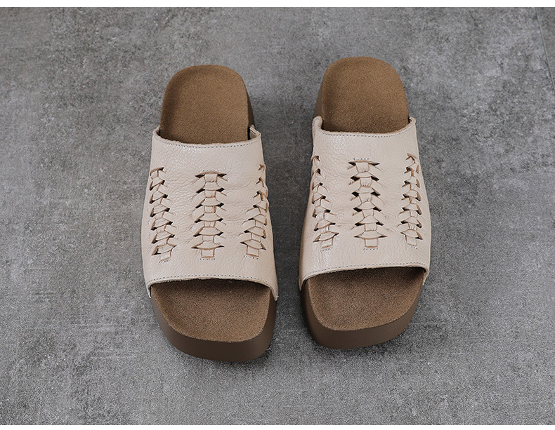 Dép sandal nữ quai ngang da bò thật đế dày phong cách cổ điển — màu be chi tiết 11