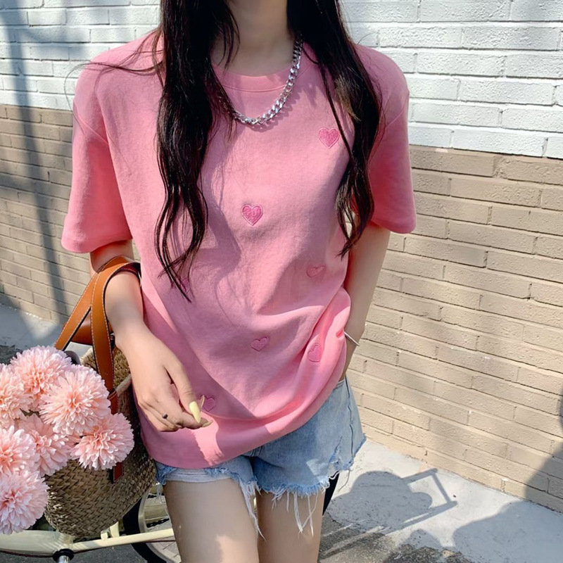 Round Neck Neckline Loose Fit Type Valentine'S Day Festival Wholesale Women's Elegant Heart Shape Solid Color Short Sleeve T-Shirts