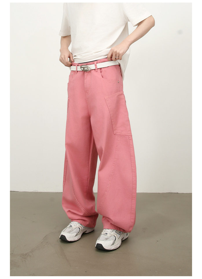 Quần jean nam ống rộng phong cách đường phố retro, nhiều túi hộp, dáng lỏng lẻo — Denim đen, Trắng, màu hồng, màu xanh chi tiết 16