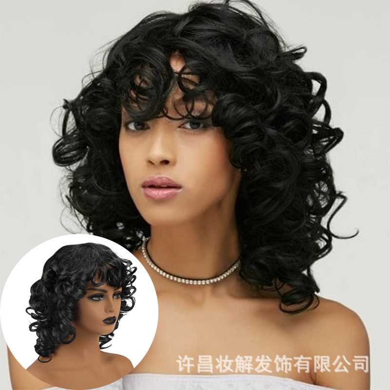 Short curly hair wig for black women, Afro-style curly hair wig with bangs, black wavy fake