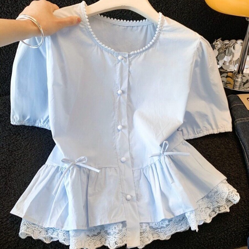French-Style High-End Lace-Trimmed Short-Sleeve Shirt for Women, Summer 2026 New Trendy Youthful Ruffle Hem Top French-Style High-End Lace-Trimmed Short-Sleeve Shirt for Women, Summer 2026 New Trendy Youthful Ruffle Hem Top