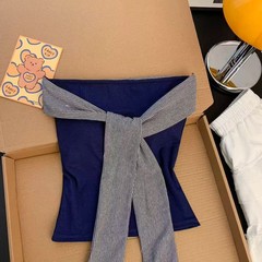スポットドロップシッピング外国貿易台湾夏の新しいレトロなバックレスストライプストラップステッチデザインチューブトップスリムフィット