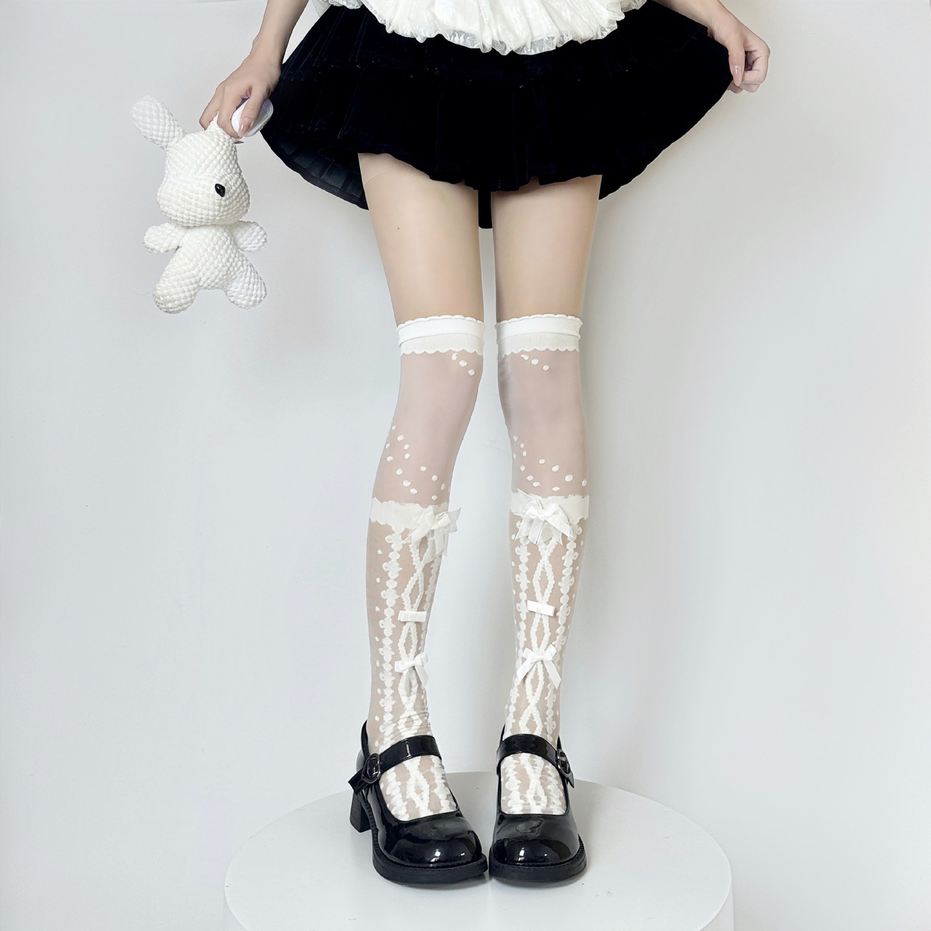 lolita knee-high stockings sweet bow cross lace white silk socks lolita summer thin knee-high stockings