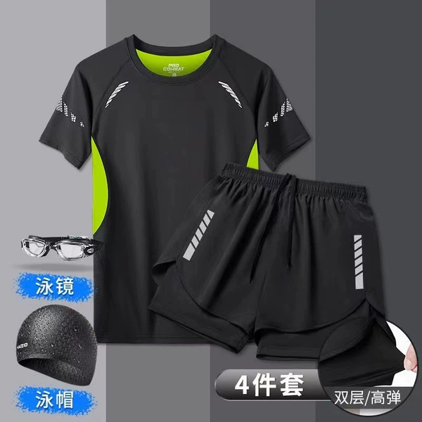 Set, waterproof trousers, swimming cap, 4 piece set, with short sleeve, internet celebrity