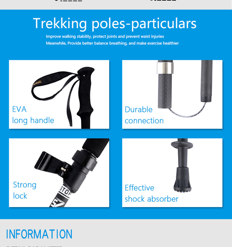 Bâton de trekking télescopique et pliable en 5 sections, en fibre de carbone 3K à tissage uni, pliable, antidérapant et portable._voghion.com