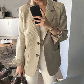 韩版千鸟格显瘦气质西服上衣女2023秋新单排扣复古小西装外套大码