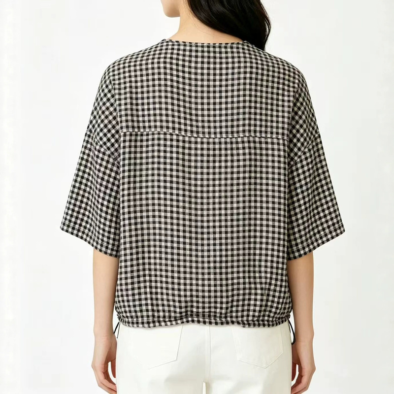 Item No. 26A5689 Summer New Style Japanese Simple Small Checkered V-Neck Buttoned Hem Drawstring Short-Sleeve Plaid Top