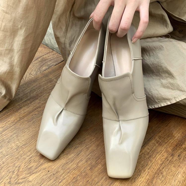 French Style Palace Style Designer 2023 Spring Deep-cut High Heels Square Toe Stiletto Heel Cowhide Niche Elegant Single-layer Shoes for Women