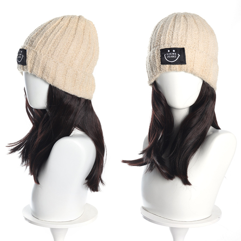 Bonnet tricoté en laine unisexe pour cheveux longs, une pièce, lettre de mode, automne et hiver, clavicule naturelle, micro boucles, perruque_voghion.com