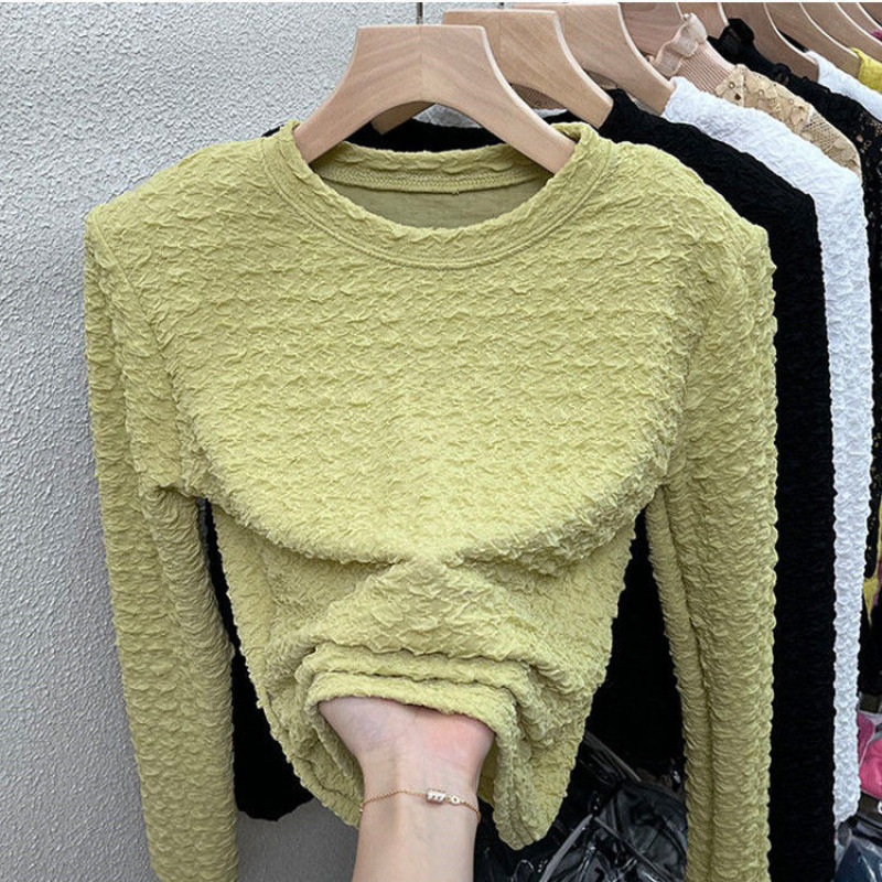 Knitted Jacquard Pleated Fashionable Round Neck Versatile Long-Sleeved T-Shirt Early Autumn and Winter Short Bottoming Shirt Slim Top for Women