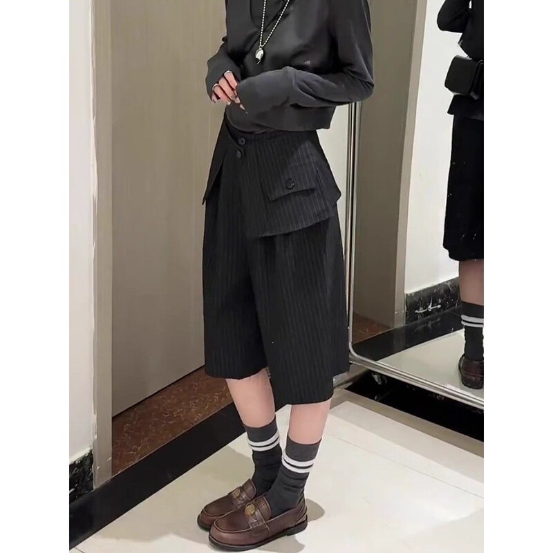 Super Stylish Striped Cropped Pants for Women, Plus Size, New Design for Spring and Autumn, Wide-Leg Pants with Waistband, Loose-Fitting Suit Pants