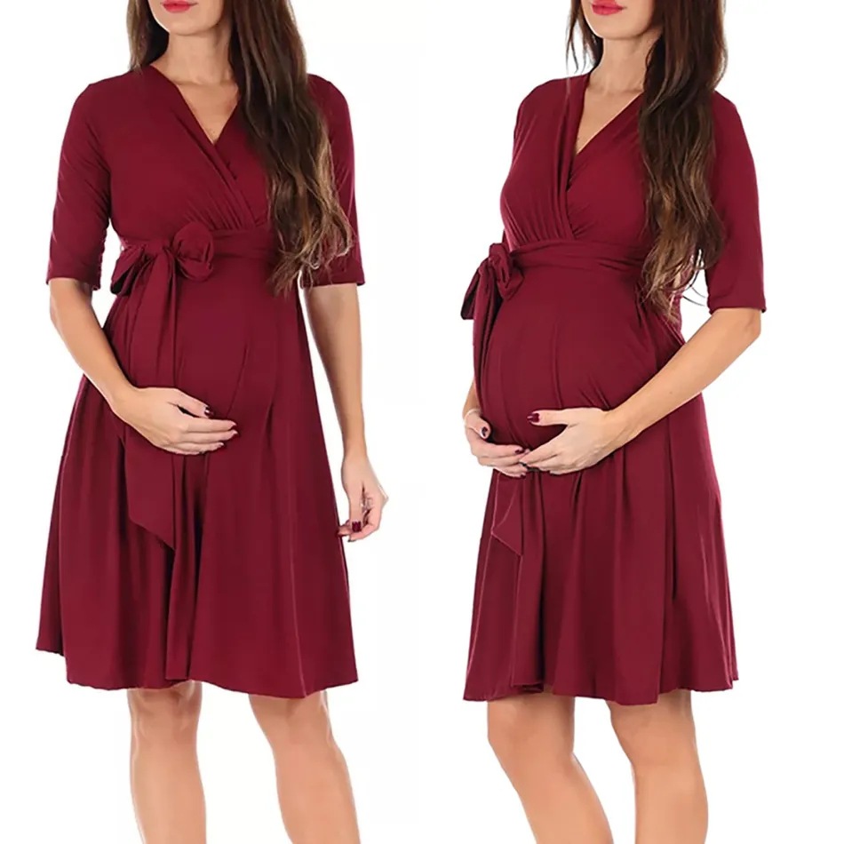 Solid color V-neck mid-sleeve belt dress maternity clothes NSGTY127535