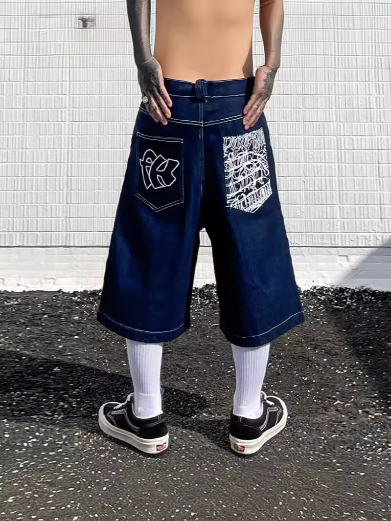 嘻哈口袋刺绣字母打印牛仔裤男短裤夏季复古超大阔腿牛仔裤膝长裤