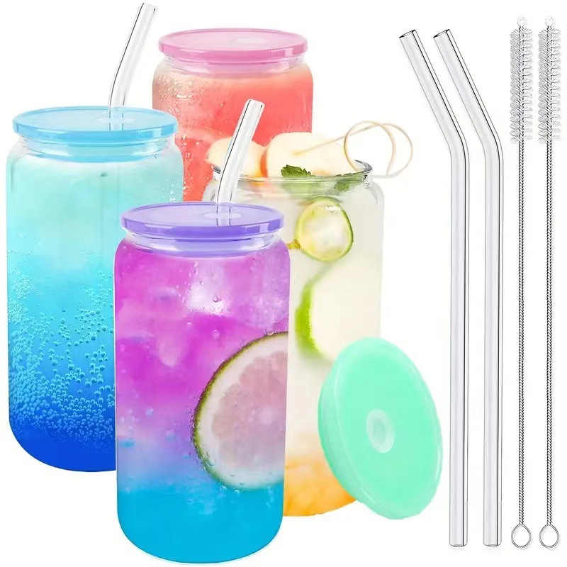 Venta al por mayor de borosilicato resistente a altas temperaturas juego de taza de agua 16oz lata con tapa de paja bebida fría vidrio taza de cola transfronteriza