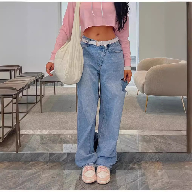 European and American Foreign Trade Cross-Border Supply Fashionable Slanted Waist Low Waist Ripped Loose Jeans for Women