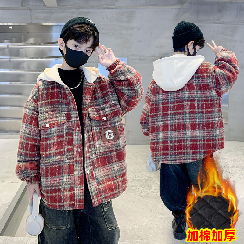 男童衬衫外套冬款2024新款冬季男孩格子上衣儿童夹棉加厚连帽外套