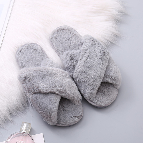 Cross-border large size 44-45 women's fluffy slippers 2024 autumn winter new flat home indoor crossed plush cotton slippers