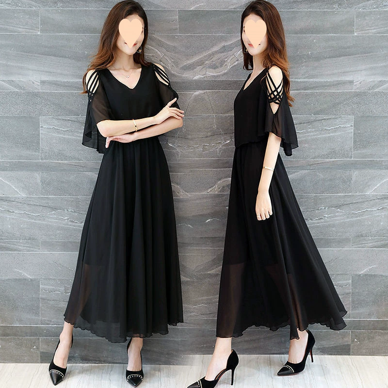 Летнее женское шифоновое платье 2025, новая женская одежда больших размеров 100kg года, модная длинная юбка для похудения, закрывающая живот