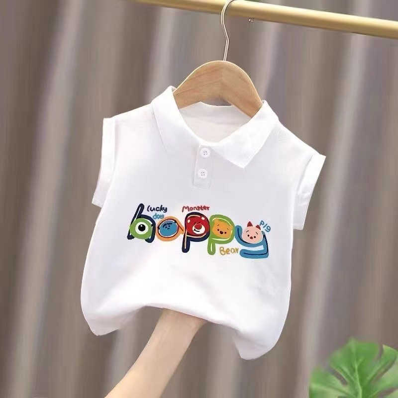 Children's solid color polo collared undershirt, girls' school uniform inner top, boys' pure cotton stylish cartoon vest