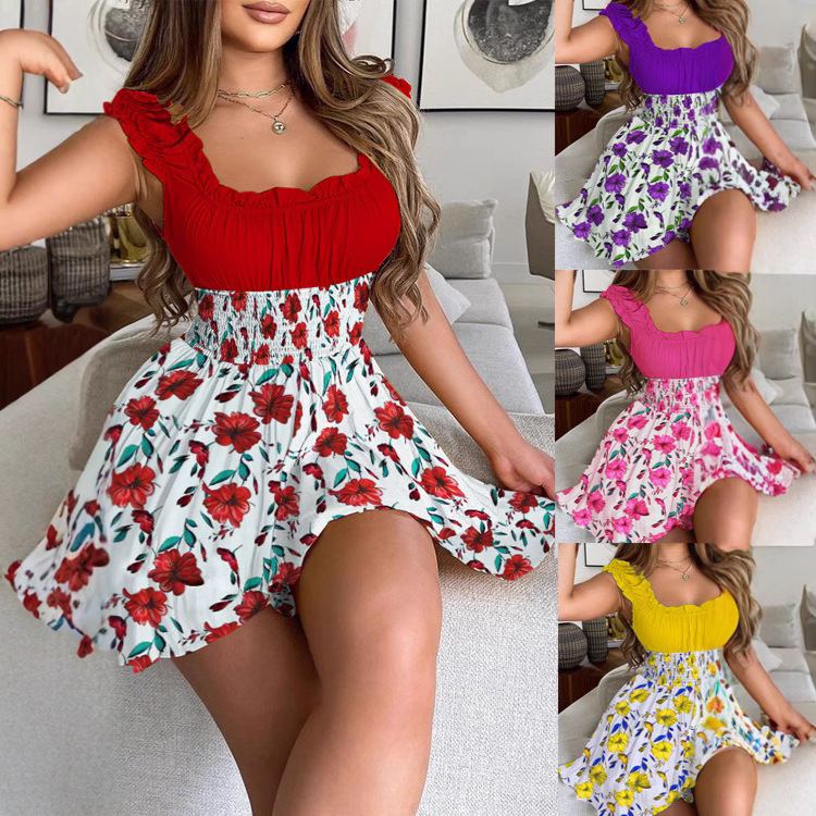 2025 European and American Independent Station Amazon Summer New Flower Contrasting Color Waist Slimming Look Round Neck Dress for Women
