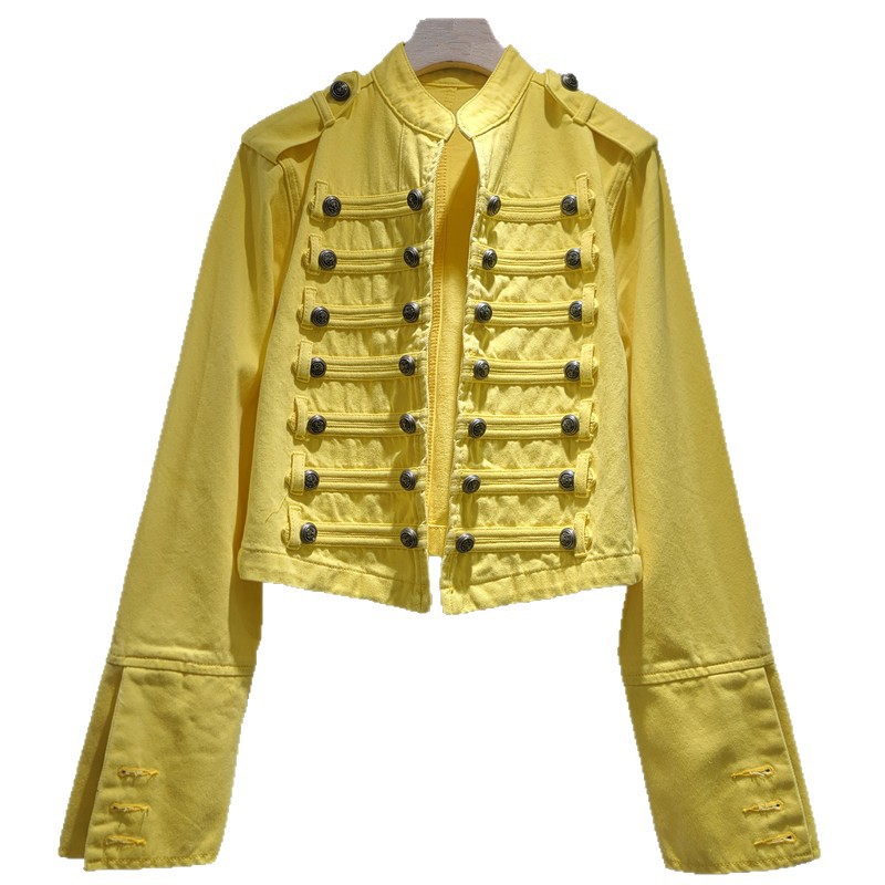 Retro industria pesada de collar de metal hebilla denim chaqueta corta nicho amarillo mujer diseño delgado chaqueta de hombro chaqueta