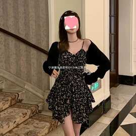2026款夏季黑色碎花连衣裙女不规则茶歇裙短裙辣妹收腰吊带裙