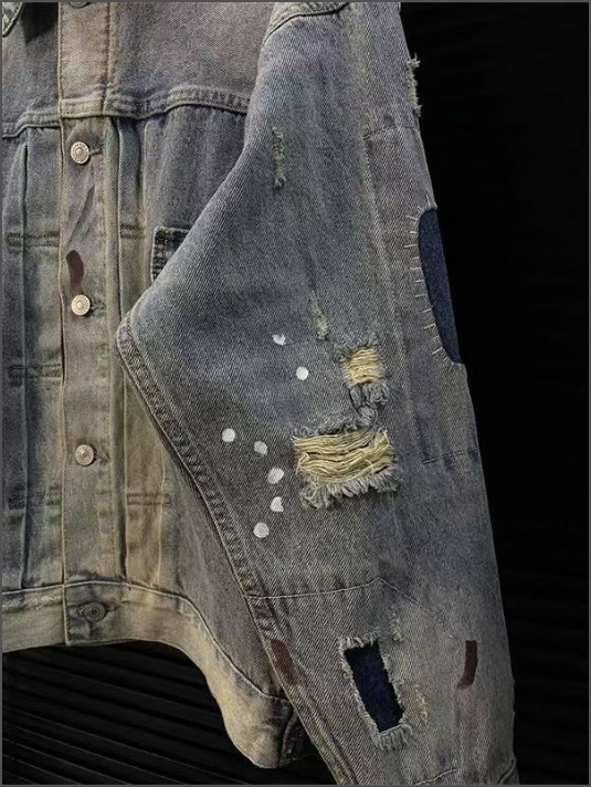 Vintage Denim Jacket With Graffiti Print Distressed High Street_voghion.com