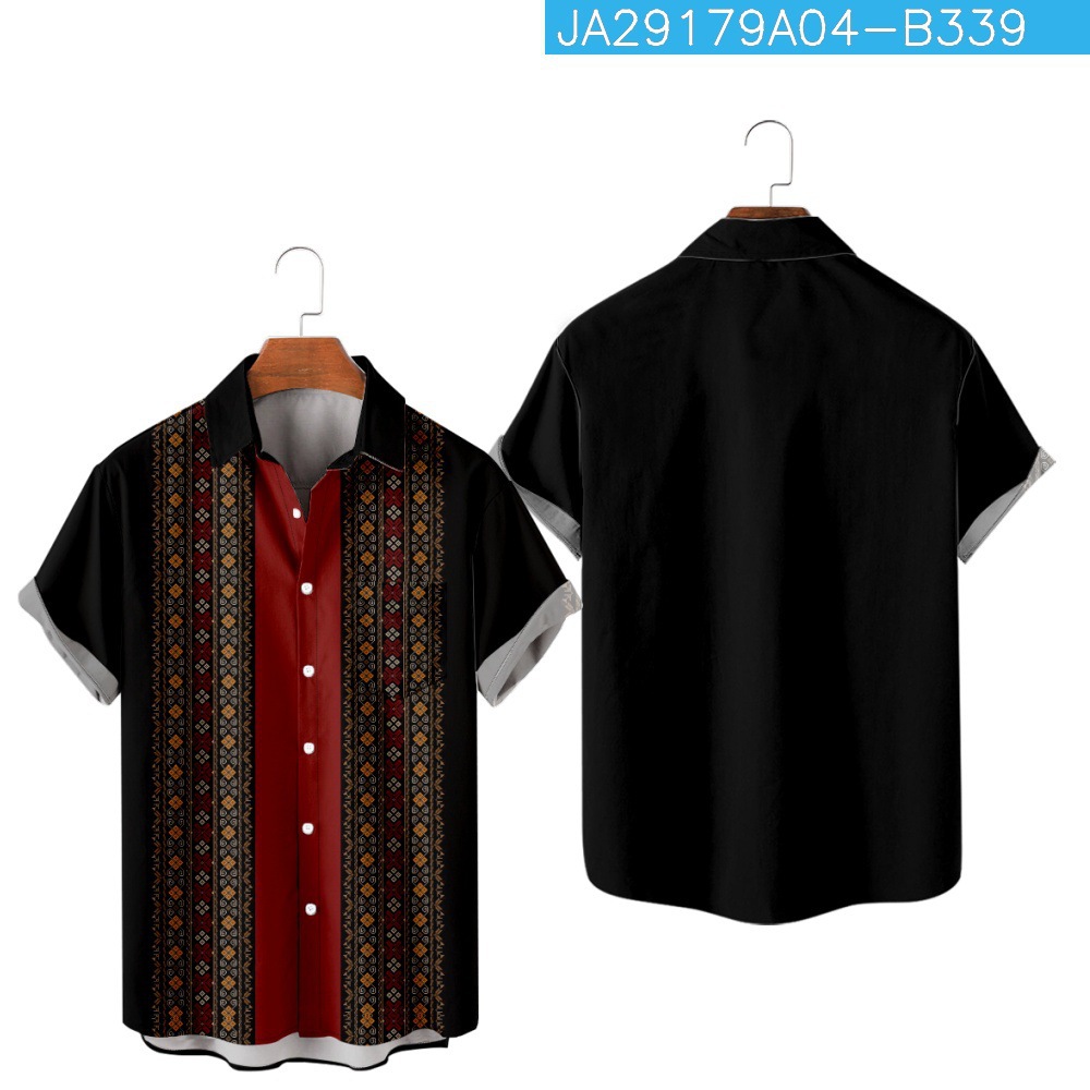 2023 nuevo verano transfronterizo rayado floral 3D Impresión digital manga corta moda solapa camisa de bolsillo de los hombres