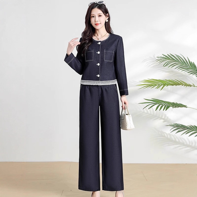 2025 Spring and Autumn New Popular Mom's Thirteen-Line Wide-Leg Pants Set Fashion Hot Long-Sleeve Denim Two-Piece Set for Women