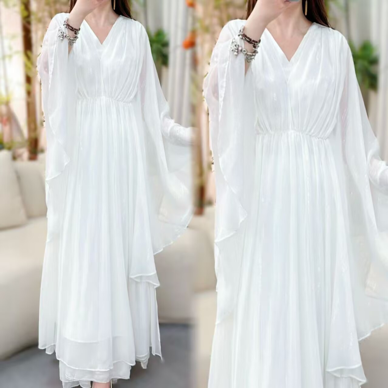 New Chinese-style Hanfu, elegant and fresh, ultra-fairy-like cape suspender dress, waist-cinching, slimming, stylish, large-hemmed chiffon long dress