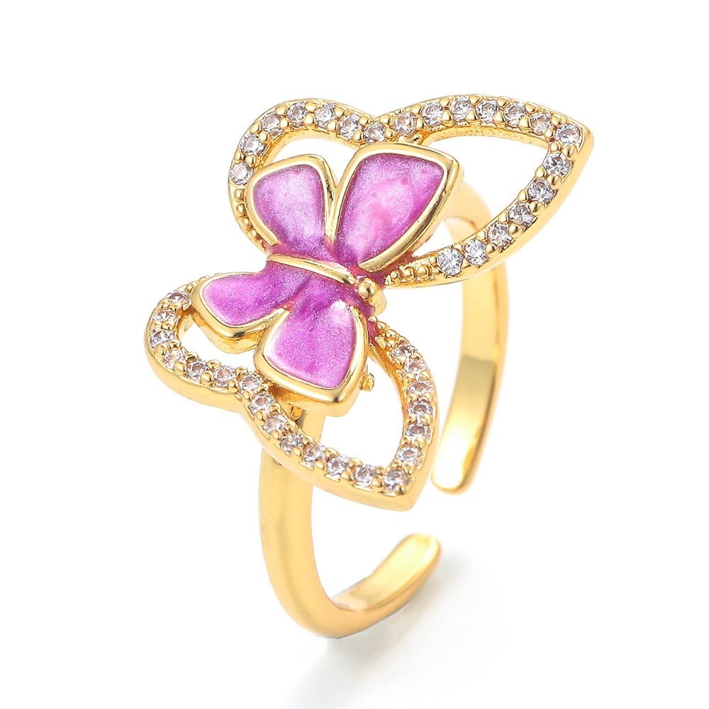 Korean Color Oil Drop Copper Micro-encrusted Zircon Butterfly Open Adjustable Ring display picture 1