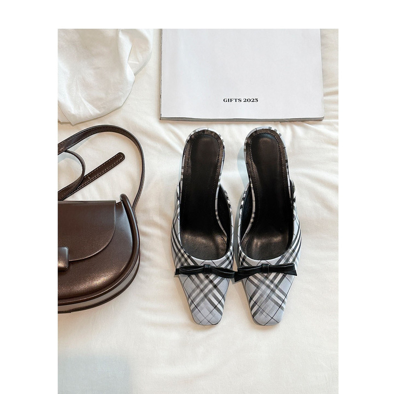 Bow-Tie, Super Stylish Plaid Closed-Toe High-Heeled Shoes for Women, Summer Outdoor Wear, Fairy-Style, Suitable for Pairing with Dresses, French-Style High-Heeled Sandals Bow-Tie, Super Stylish Plaid Closed-Toe High-Heeled Shoes for Women, Summer Outdoor Wear, Fairy-Style, Suitable for Pairing with Dresses, French-Style High-Heeled Sandals