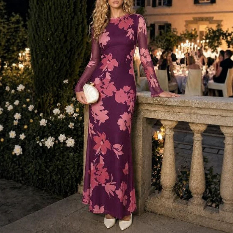 Cross-border Amazon stunning 2026 summer new floral high-end elegant mesh long-sleeve maxi dress Cross-border Amazon stunning 2026 summer new floral high-end elegant mesh long-sleeve maxi dress